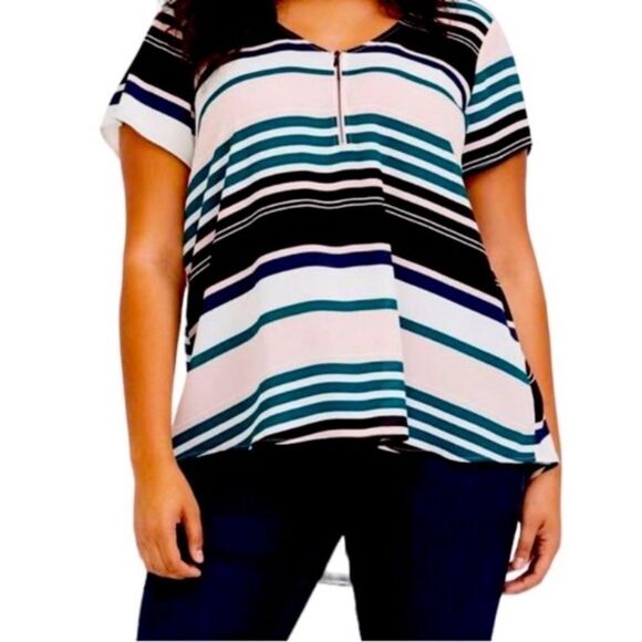 Torrid Plus Size 2X Multicolor Pink Striped Short Sleeve Summer Workwear Blouse - Picture 3 of 12